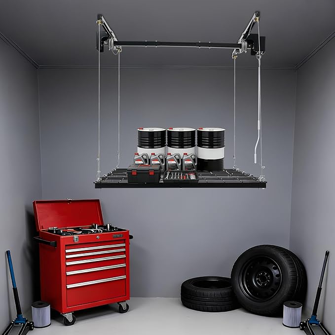 Overhead Garage Storage Rack, 4x4Ft Ceiling Storage Lift 79in Adjustable Height Garage Storage Organization Systerm, Heavy Duty Metal Garages Ceiling Storage Racks, 300lbs Load Capacity (Matte Black)