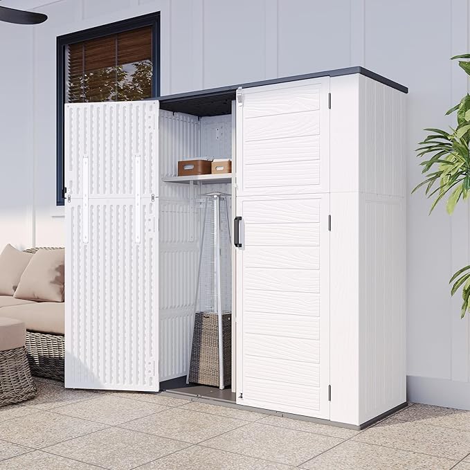 Aoxun Outdoor Storage Shed with Floor, 61 Cu.Ft Large Outdoor Storage Cabinet, Waterproof Vertical Resin Shed for Garden Tools, Pool Equipment, Grey White