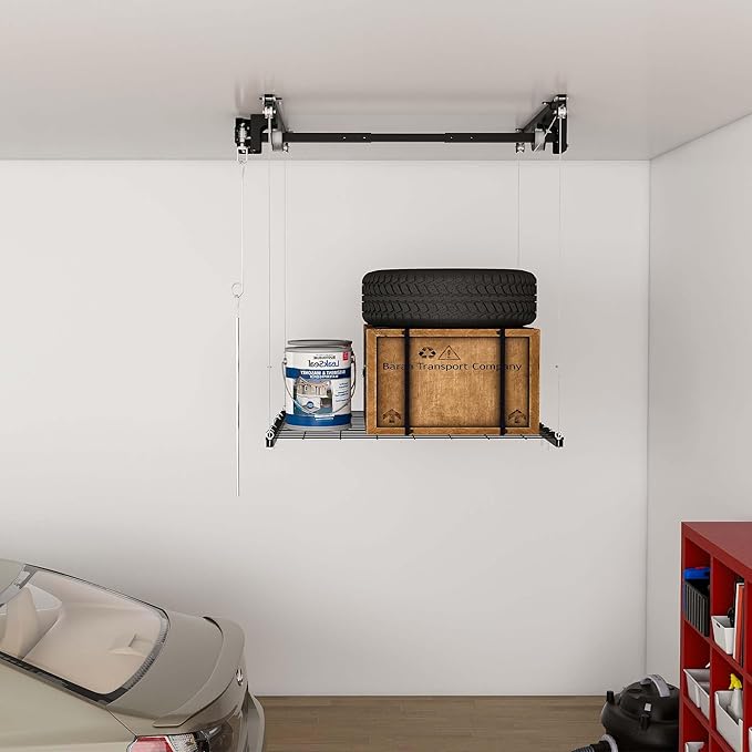 4x4 Garage Ceiling Storage Racks With Crank Lift, Garage Overhead Storage Racks For High Ceilings 10–12 Ft, 250 Lbs Load Capacity, All-Steel Frame, Garage Organization System (4 x 4)