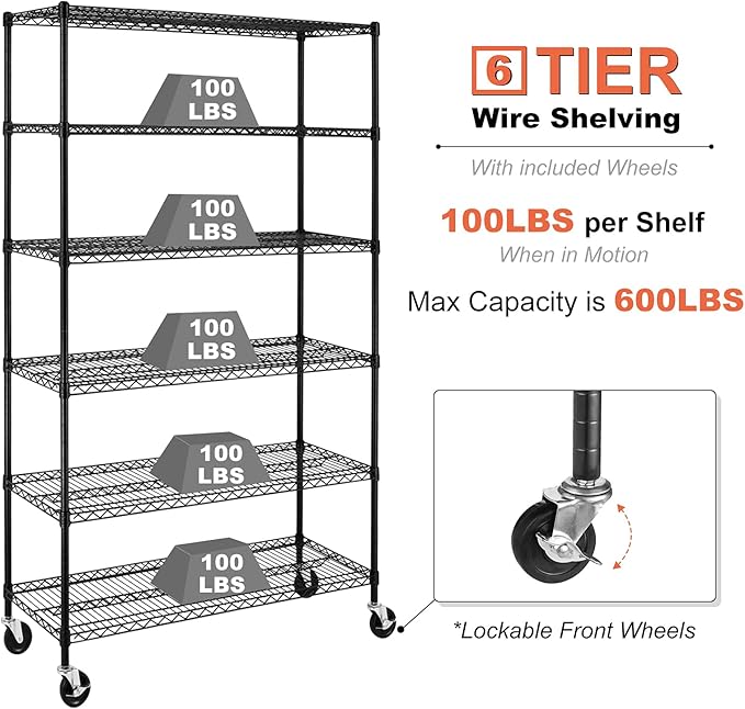 6000Lbs Capacity Heavy Duty Storage Shelves Commercial Wire Shelving Unit and Storage Adjustable NSF 6 Tier Metal Rack Shelf on Wheels for Garage Basement, 76 H x 48 L x 18 D - Black