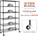 6000Lbs Capacity Heavy Duty Storage Shelves Commercial Wire Shelving Unit and Storage Adjustable NSF 6 Tier Metal Rack Shelf on Wheels for Garage Basement, 76 H x 48 L x 18 D - Black