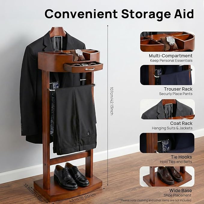 Wood Suit Rack, Freestanding Clothing Valet Stand, Wood Suit Valet Stand Clothes Rack with Tray and Drawer for Hats, Scarves, Bags, and Clothes for Bedroom, Living Room, Hallway, Apartment