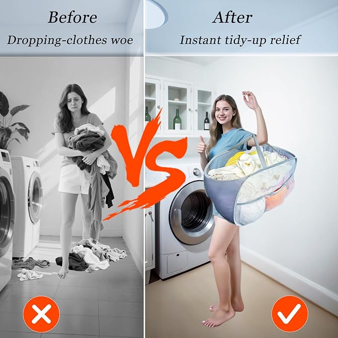 Collapsible Laundry Baskets 2 Pack, Mesh Pop Up Hamper with Handles, Portable Stair Basket, Dorm or Room Folding Bin, Dirty Clothes Hamper Light Breathable. Grey. 2H