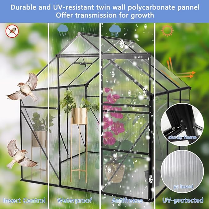 6 ft x 8 ft Aluminum Frame Greenhouse for Outdoor Use with Sloped Roof and Sliding Door for Garden Plant Protection (Black 6 * 6FT)