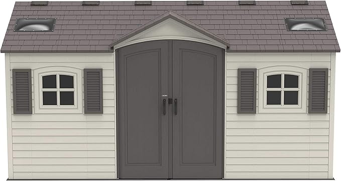 Lifetime 15×8 Ft Dual‑Entry Outdoor Storage Shed, Steel‑Reinforced, UV‑Protected, Weather‑Resistant Backyard Garden Shed with Skylights, Windows & Shelving, Desert Sand