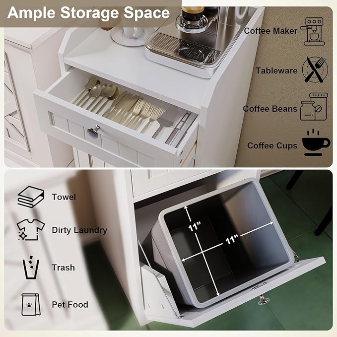 Single Tilt Out Trash Can Cabinet, Dog-Resistant, Fits 13.8"H Bins (Max 11.8"x11.8" Base), Easy Assembly, White for Kitchen & Laundry