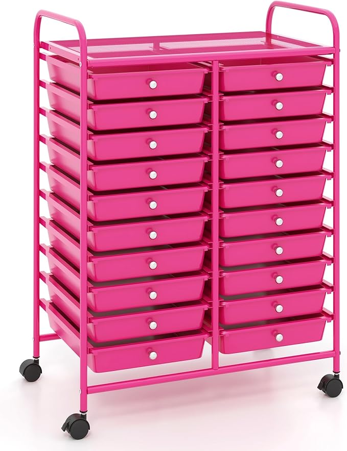 GOFLAME 20-Drawer Rolling Storage Cart, Multifunctional Art Craft Organizer Cart, Mobile Utility Storage Cart with Removable Drawers & Lockable Wheels, Craft Cart for Home Office, Hot Pink