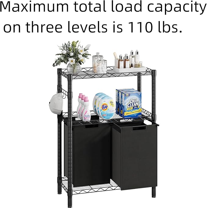2 Section Laundry Sorter, Laundry Hamper with Shelf, 90L Pull-Out and Removable Oxford Fabric Laundry Bags, 2 Laundry Organizer Basket Clothes Separator Hamper, Black
