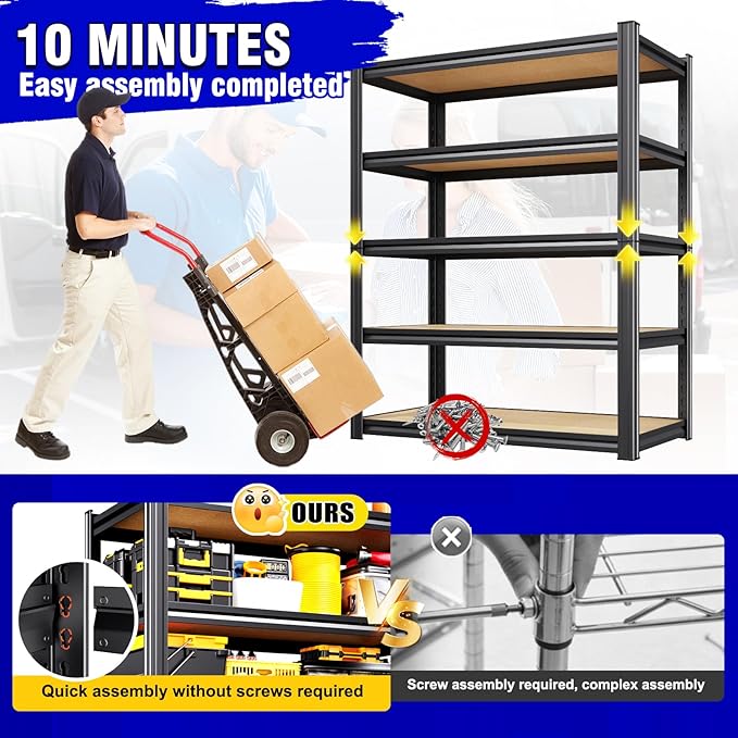 71"Hx46"Wx18"D Garage Shelving-2050 lbs 5 Tier Storage Shelves,Adjustable Heavy Duty Metal Shelving Unit and Storage Large Rack,Utility Steel Shelf for Warehouse Industrial Pantry Basement Black