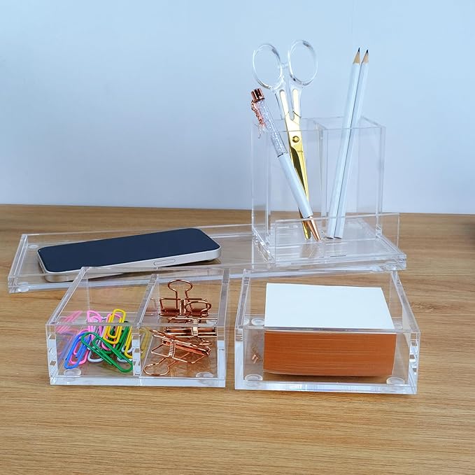 Clear Acrylic Desk Organizer 4-Piece Desk Kit + Free Complimentary Acrylic Ruler, Desktop Organization for Office or Home
