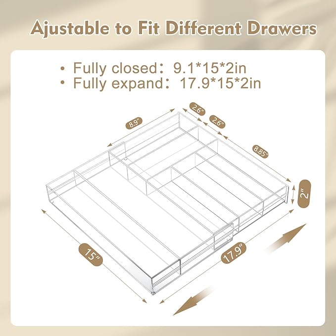 1 Pcs Acrylic Desk Drawer Organizer 9'' up to 18'' x 15'' x 2.1'' Expandable Drawer Organizer Trays with 7 Adjustable Compartments Clear Desk Accessories for Makeup Office Bathroom