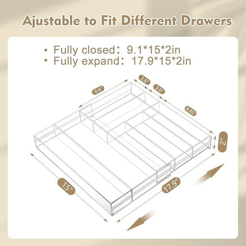 1 Pcs Acrylic Desk Drawer Organizer 9'' up to 18'' x 15'' x 2.1'' Expandable Drawer Organizer Trays with 7 Adjustable Compartments Clear Desk Accessories for Makeup Office Bathroom