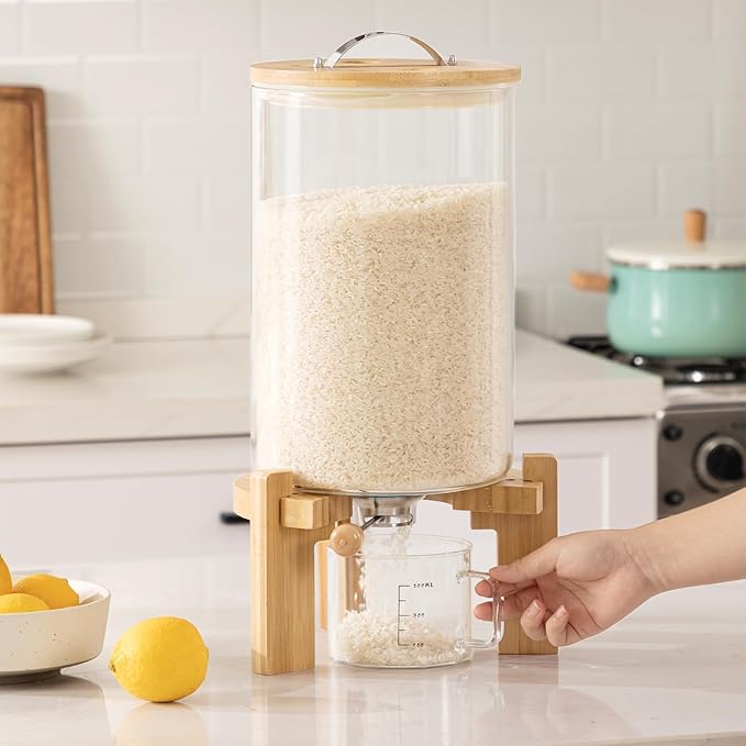 HBlife 14-16 Lbs Glass Rice Dispenser with Wooden Stand Flour and Cereal Container with Glass Measuring Cup Pantry Food Organization Storage Bin with Airtight Bamboo Lid, 8L