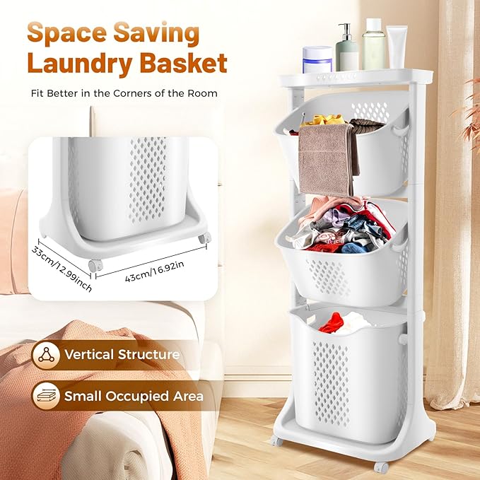 Laundry Basket, 3 Tier Sorter Clothes Storage Hampe Organizer Shelf Rolling Cart, Dirty Clothes Basket Laundry Basket with 4 360° Pulley, 55.12Lbs Load Porous Design