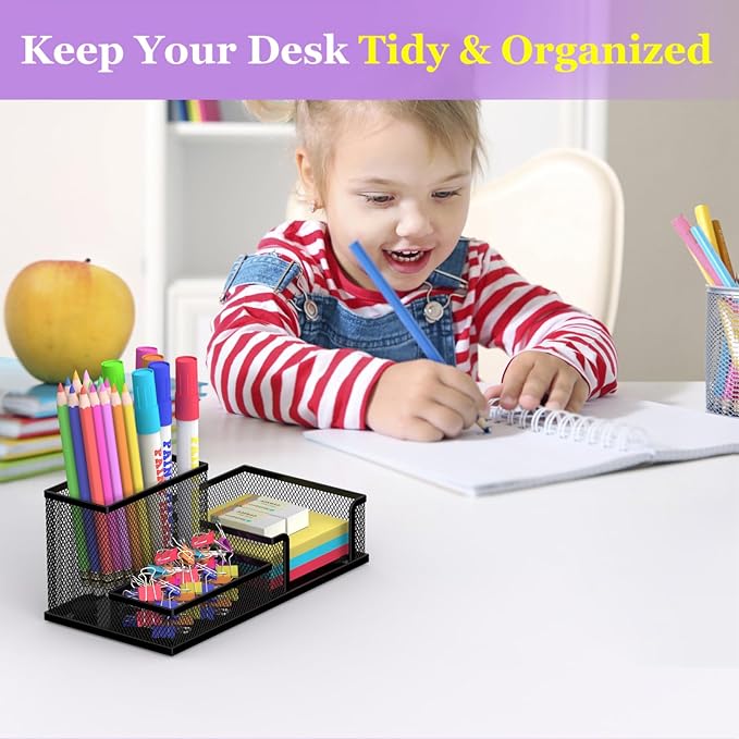 SUPEASY Pen Holder Desk Organizer, 2Pack Office Supplies Pencil Holder with 3 Compartments, Desk Accessories and Workspace Organizers for Home School, Black