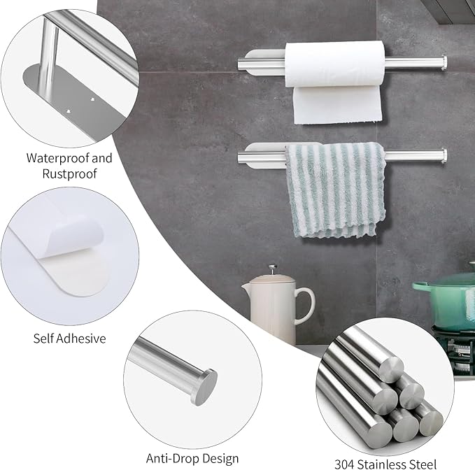 YeeBeny Silver Paper Towel Holder Kitchen Roll Holder, Paper Towel Holder - Self Adhesive or Drilling, Under Cabinet Paper Towel Rack, Wall Mounted Paper Towel(Silver)