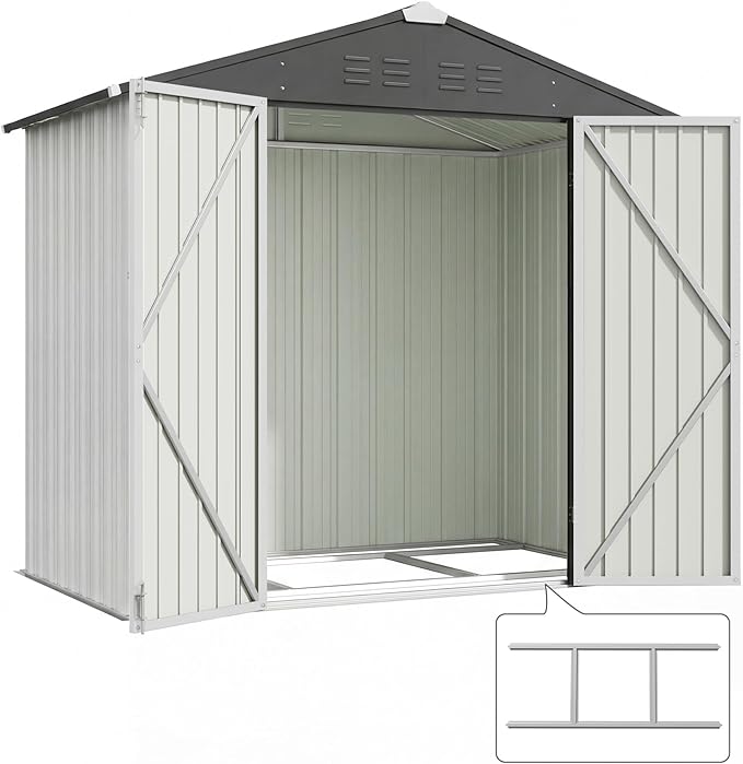 Devoko 6 x 4 FT Metal Storage Shed with Floor Frame Waterproof Garden Tool Shed with Lockable Door, Outdoor Shed Storage House for Backyard Patio Lawn, White