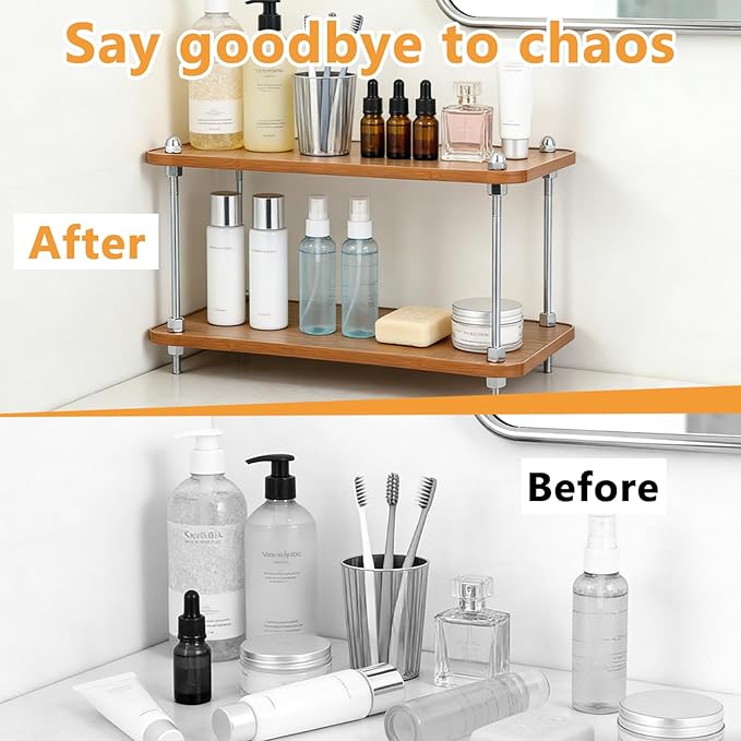 2-Tier Bathroom Counter Organizer Wooden Bathroom Shelf for Makeup Skincare Perfume and Spices Countertop Organizer Shelf for Corner Vanity Coffee Station Kitchen Office and Home Decor