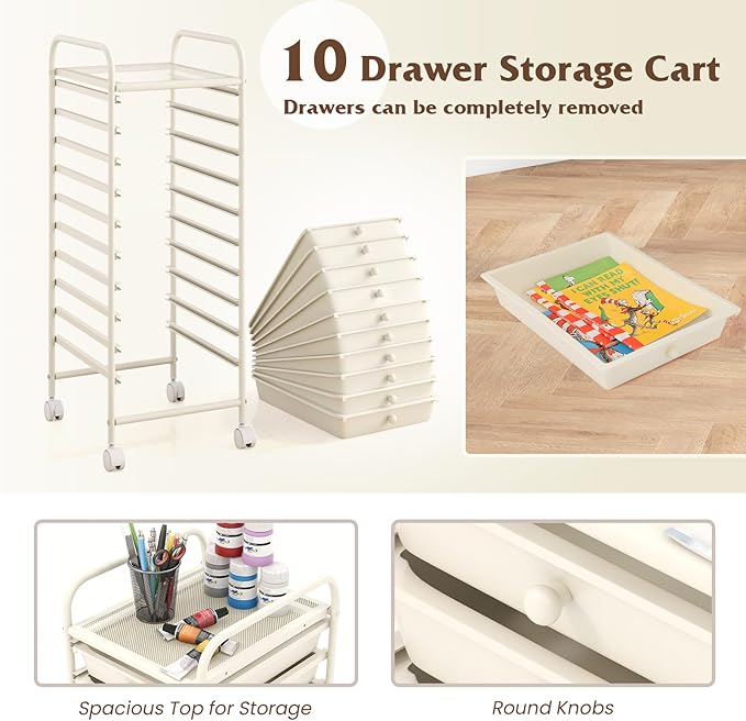 Storage Cart, Rolling Utility Cart with 10 Drawers, Portable Handles & Lockable Wheels, Mobile Paper Toys Storage Organizer Large Capacity for Home Office School Teacher (White)