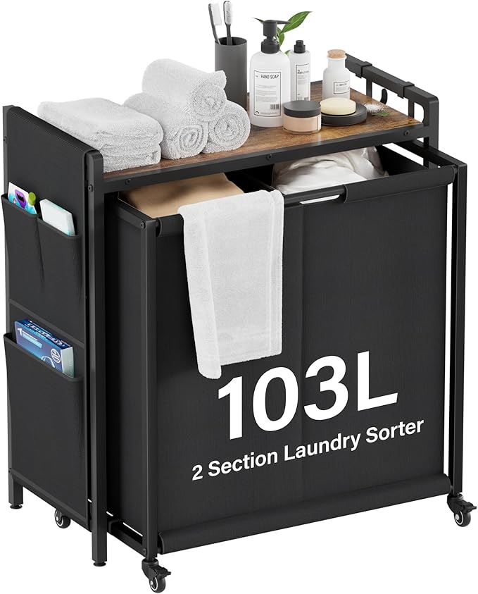 Laundry Hamper Sorter 2 Section 103L: Rolling Laundry Basket Organizer with Wheels & Shelf & Oxford Fabric Bags - Clothes Hamper with Shelf 2 Compartment for Room Organization and Storage