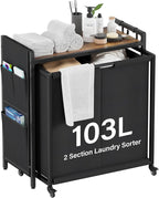 Laundry Hamper Sorter 2 Section 103L: Rolling Laundry Basket Organizer with Wheels & Shelf & Oxford Fabric Bags - Clothes Hamper with Shelf 2 Compartment for Room Organization and Storage