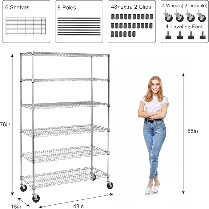 Heavy Duty 6 Tier Shelving Unit Adjustable 6000Lbs Capacity Steel Storage Rack 18" x 48 x 76 Mobile Shelves Wire Shelf Silver Rolling Utility Cart for Pantry Garage Kitchen, Chrome