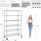 Heavy Duty 6 Tier Shelving Unit Adjustable 6000Lbs Capacity Steel Storage Rack 18" x 48 x 76 Mobile Shelves Wire Shelf Silver Rolling Utility Cart for Pantry Garage Kitchen, Chrome