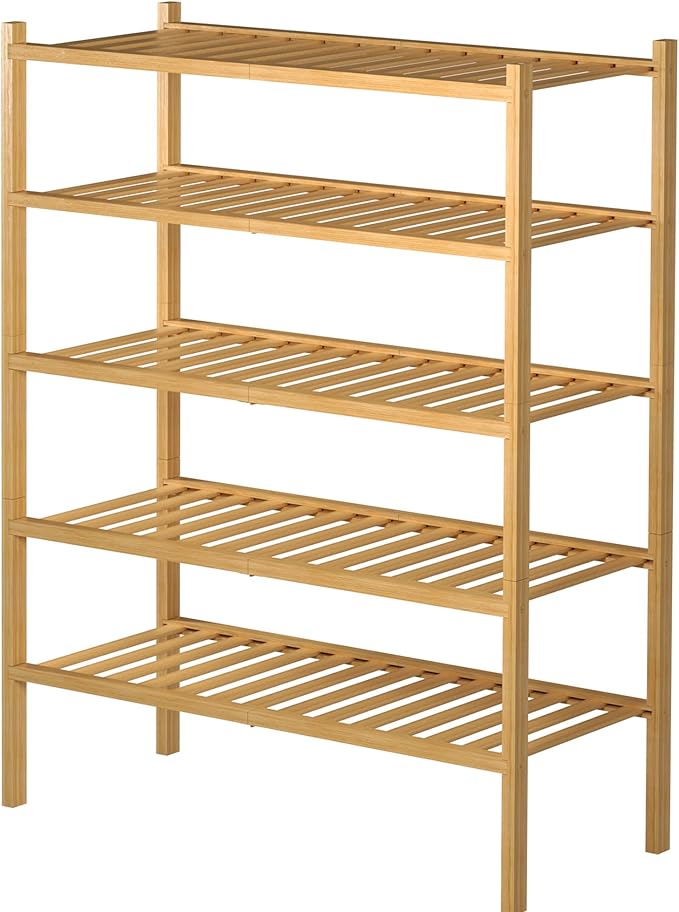 5 Tier Bamboo Shoe Rack for Closet Free Standing Wood Shoe Shelf for Entryway Small Space Stackable 27"x11"x33" (Natural)