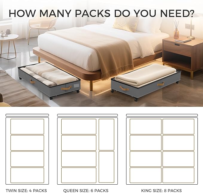 Under Bed Storage with Wheels 4-Pack, 75L XXL Under the Bed Storage Containers Large, 12" Tall Adjustable Storage for Underbed with Lids, Rolling for Shoes, Clothes, Blankets (4PCS-Grey)