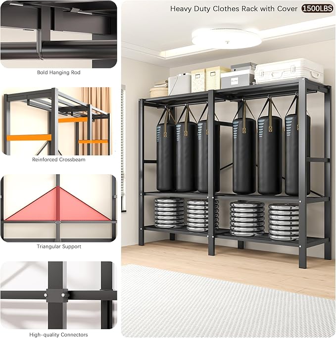 Heavy Duty Portable Closet with Cover Magnetic Doors, Metal Rolling Clothes Rack Heavy Duty 1500LBS, Foldable Clothing Rack, Garment Racks for Bedroom/LivingRoom/Rental (KT Coffee, 59.05in)