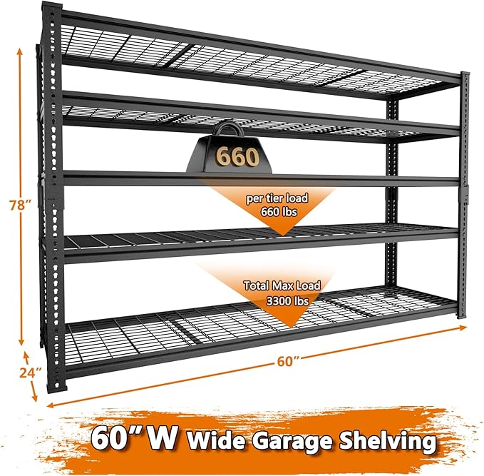 ROOMTEC Garage Shelving, 4 PCS 3300 LBS Capacity Sorage Shelves Heavy Duty, 5 Tier Adjustable Metal Organizer Wire Rack, 60" L x 24" W x 78" H Utility Shelf Unit for Kitchen Pantry
