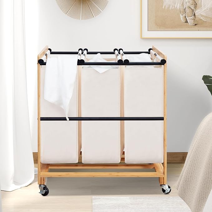 STO STO 3-Section Laundry Sorter with Bamboo Frame, Rolling Laundry Hamper Basket with Removable Bags and Lockable Wheels, Laundry Cart for Clothes Storage in Bedroom & Laundry Room, Beige
