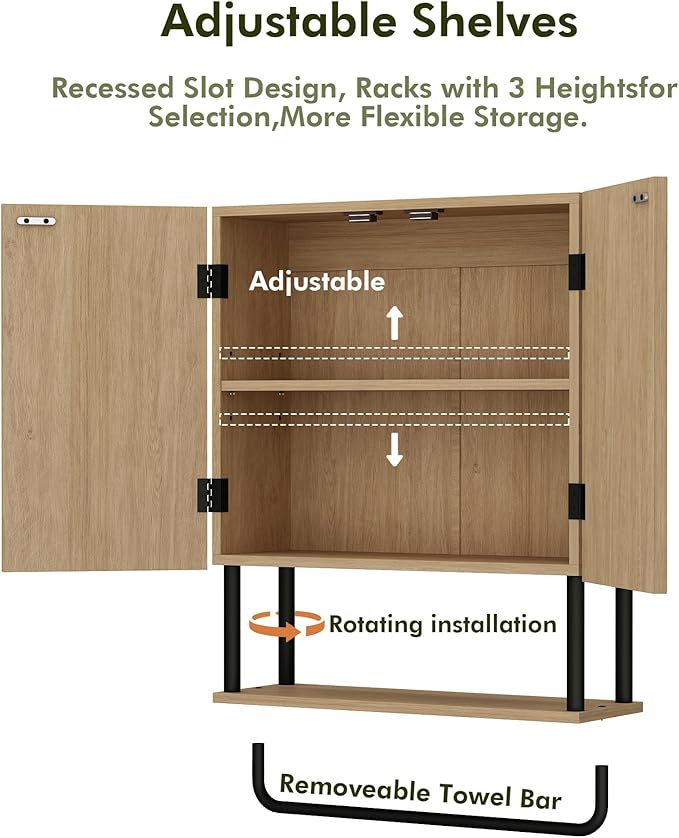 RUSTOWN Fluted Bathroom Wall Cabinet with 2 Doors, 3-Tier Modern Farmhouse Medicine Cabinet, Over The Toilet Storage Cabinet with Adjustable Shelf and Towel Bar (Natural, Medium)