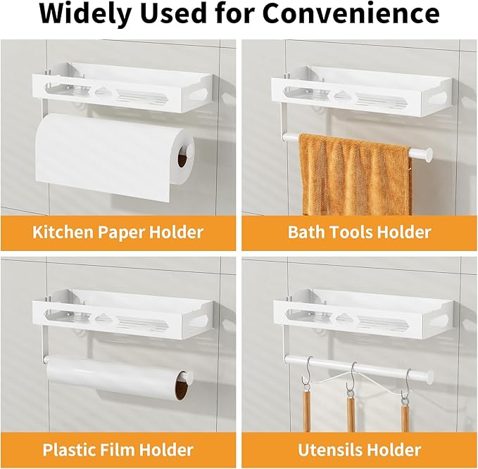 White Paper Towel Holder Wall Mount with Shelf - Adhesive Hand Towel Rack, Space-Saving for Bathroom, Kitchen, RV Camper