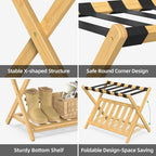 Bamboo Luggage Rack for Guest Room, Wide Suitcase Stand with Storage Shelf, Folding Luggage Stand Holder for Bedroom Hotel, 26.77" Thickened Luggage Rack for Suitcases, Natural
