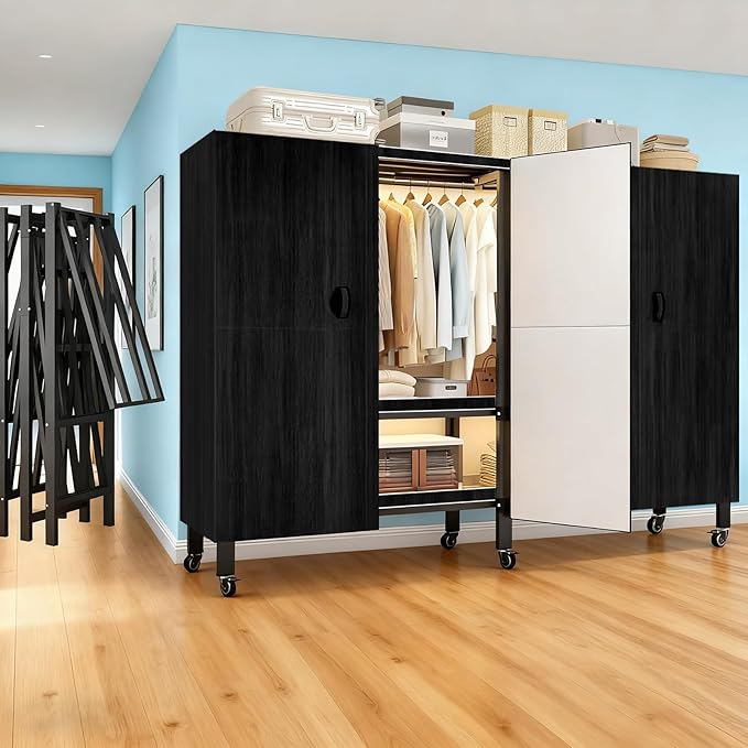 Heavy Duty Portable Closet with Cover Magnetic Doors, Metal Rolling Clothes Rack Heavy Duty 1500LBS, Foldable Clothing Rack, Garment Racks for Bedroom/ LivingRoom/ Rental (KT Woodgrain Black, 59.05in)