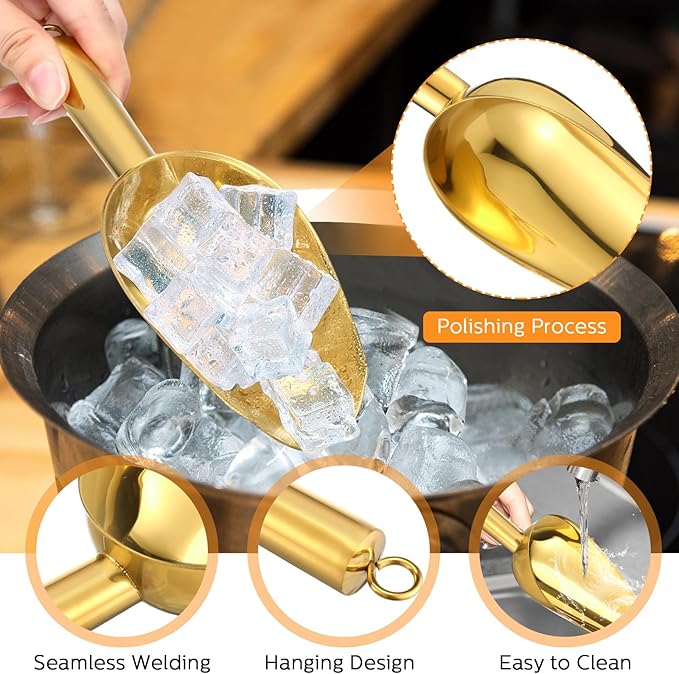 Zhehao 8 Pcs Metal Ice Scoop 6 oz Stainless Steel Ice Scooper for Ice Maker Kitchen Freezer Bar Wedding Party Small Scoops for Pet Animal Dog Food Candy Scoop Beach Shovel (Gold)