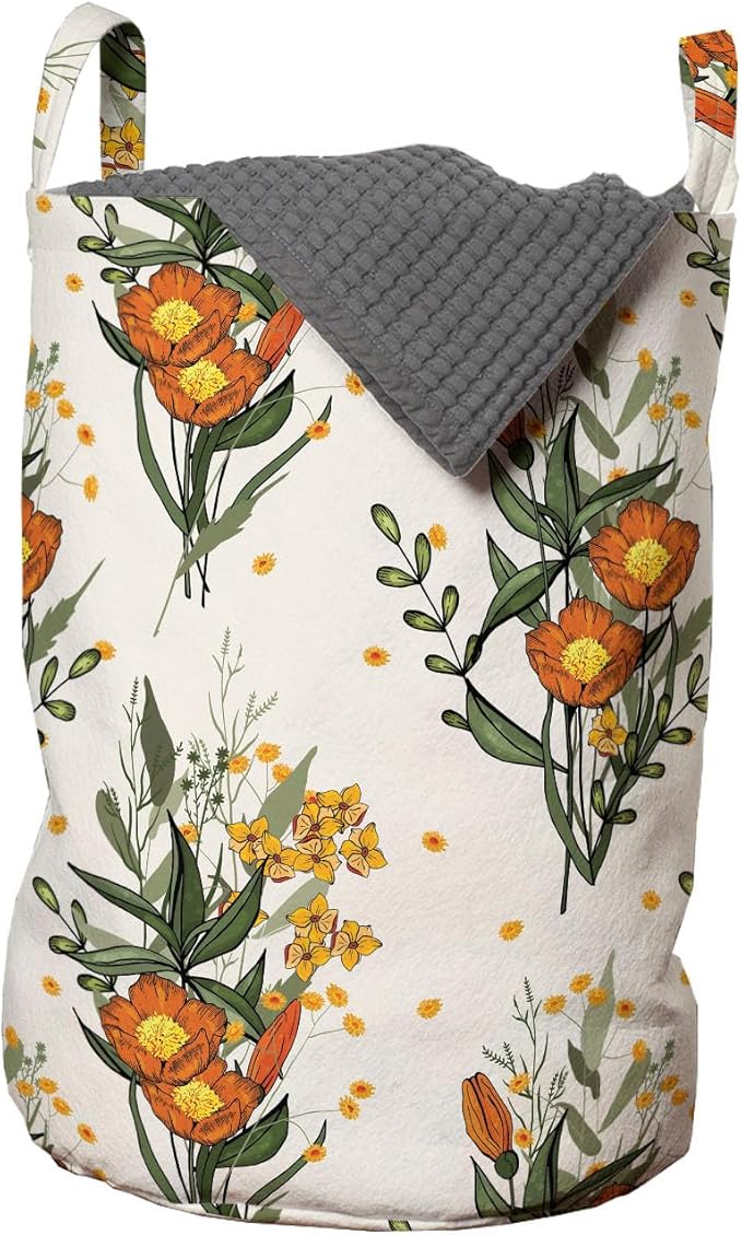 Ambesonne Hawaii Laundry Bag Pack of 2, Vintage Tropic Flower Leaves California Poppy, Hamper Basket with Handles Drawstring Closure, 13" x 19", Orange Champagne
