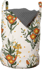 Ambesonne Hawaii Laundry Bag Pack of 2, Vintage Tropic Flower Leaves California Poppy, Hamper Basket with Handles Drawstring Closure, 13" x 19", Orange Champagne