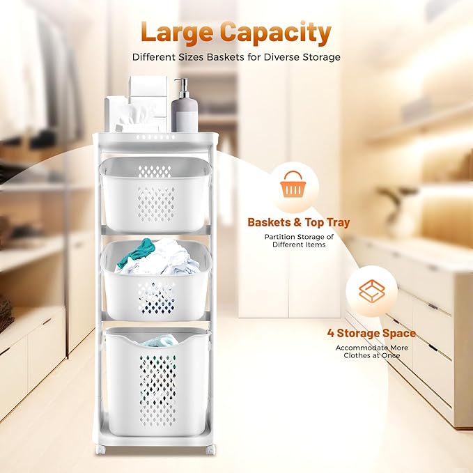 Laundry Basket, 3 Tier Sorter Clothes Storage Hampe Organizer Shelf Rolling Cart, Dirty Clothes Basket Laundry Basket with 4 360° Pulley, 55.12Lbs Load Porous Design