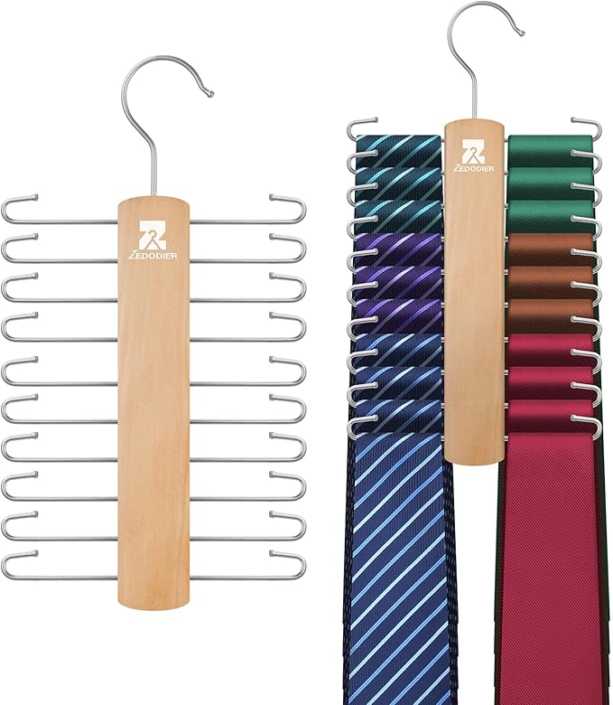 ZEDODIER 2 Pack Wooden Tie Rack, Tie Hanger for Men Closet, 40 Storage Capacity, Non-Slip Rotatable Tie Organizer, Hanging Space Saving Holder, Natural
