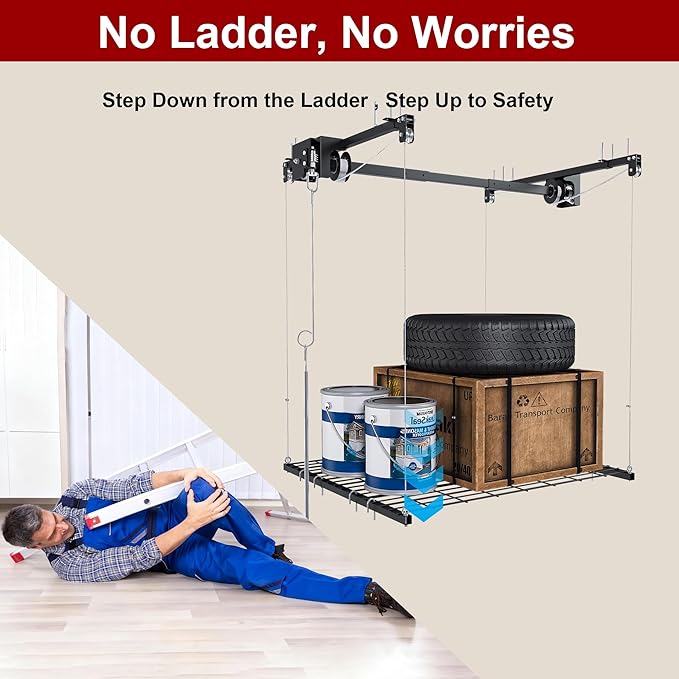 4x4 FT Overhead Garage Storage Rack for Ceilings, Heavy-Duty Metal Adjustable Ceiling Storage Racks with Safety Lock, 270LBS Mounted Rack, All-Steel Garage Organizer (4x4 FT)