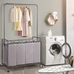STO STO Laundry Sorter 4 Section with Hanging Bar, 4 Bag Laundry Hamper with Hanging Rod, Laundry Basket with Heavy Duty Lockable Wheels and Removable Bag for Clothes Storage, Gray