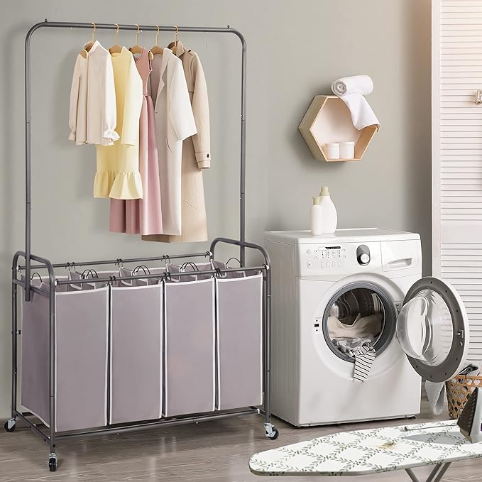 STO STO Laundry Sorter 4 Section with Hanging Bar, 4 Bag Laundry Hamper with Hanging Rod, Laundry Basket with Heavy Duty Lockable Wheels and Removable Bag for Clothes Storage, Gray