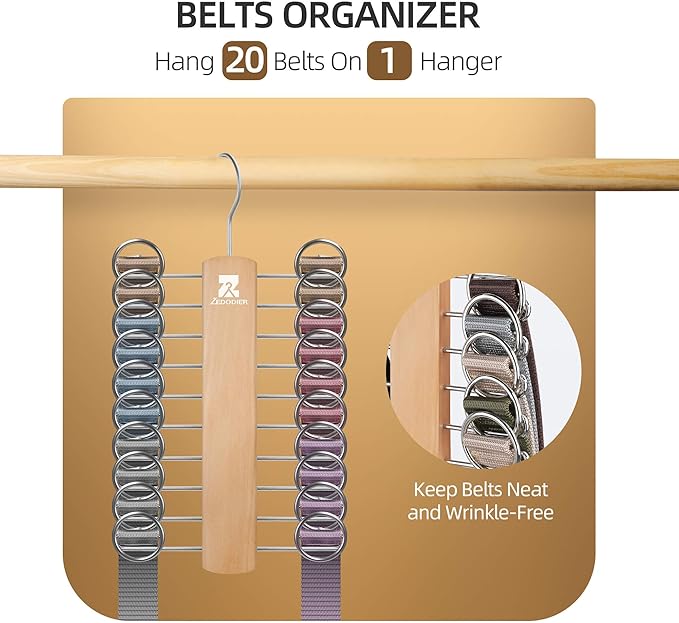 ZEDODIER 2 Pack Wooden Tie Rack, Tie Hanger for Men Closet, 40 Storage Capacity, Non-Slip Rotatable Tie Organizer, Hanging Space Saving Holder, Natural