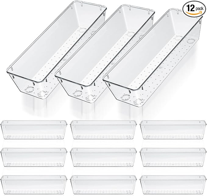 MAQUITA 12 Pcs Vanity Drawer Organizer 9 x 3 x 2 Inches Clear Plastic Utensil Organizers Kitchen Drawers Dividers for Office Desk Silverware Kitchen Utensils Cosmetics and Bathrooms(Clear)