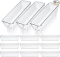 MAQUITA 12 Pcs Vanity Drawer Organizer 9 x 3 x 2 Inches Clear Plastic Utensil Organizers Kitchen Drawers Dividers for Office Desk Silverware Kitchen Utensils Cosmetics and Bathrooms(Clear)