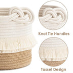 CherryNow Small Woven Storage Baskets Cotton and Jute Rope Decorative Hamper for Diaper, Blankets, Magazine and Keys, Cute Tassel Nursery Decor - Home Storage Container – 9.5'' x 7''