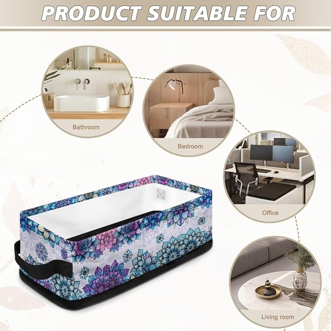 Storage Baskets for Organizing Toilet Paper Storage Bin Fabric Organizers Utility Basket Shelve Baskets for Home Bathroom Closet Organization, Blue Violet Boho Flower