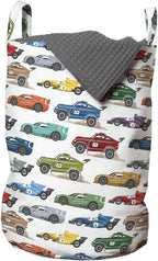 Ambesonne Race Car Laundry Bag, Diagonally Arranged Colorful Various Vehicles Speeding Uphill on a Plain Backdrop, Hamper Basket with Handles Drawstring Closure for Laundromats, 13" x 19", Green Red